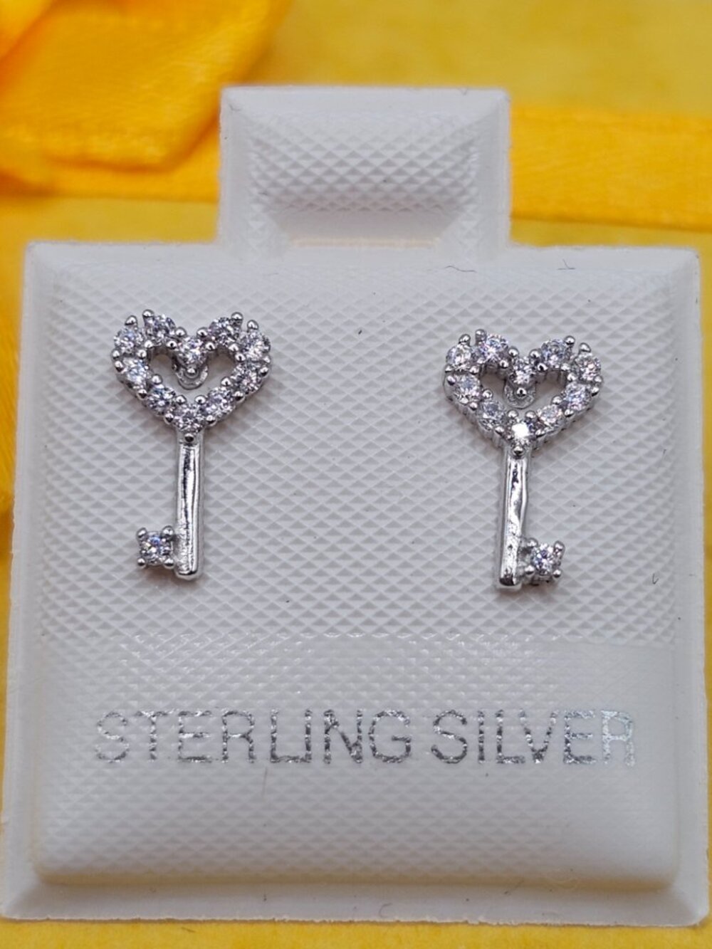 Sterling Silver 925 Rhodium Plated CZ Heart Key Stud Earrings